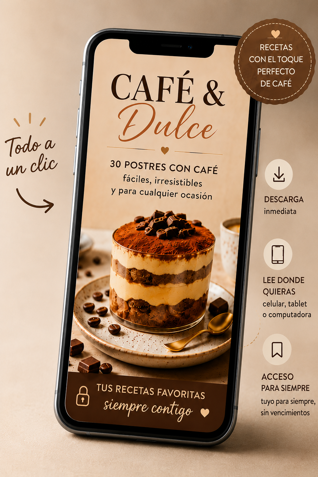 Celular mostrando el recetario digital Café & Dulce: 30 postres con café