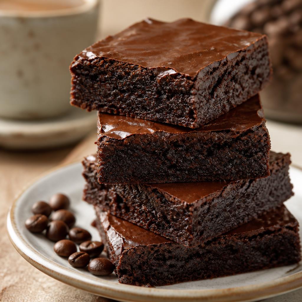 Brownies de café apilados en un plato, con textura húmeda y brillante