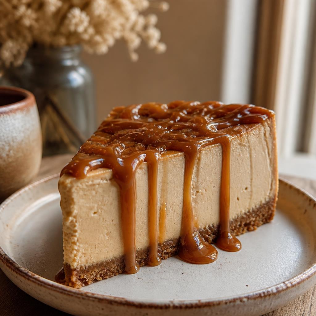 Cheesecake de café con dulce de leche servido en un plato artesanal
