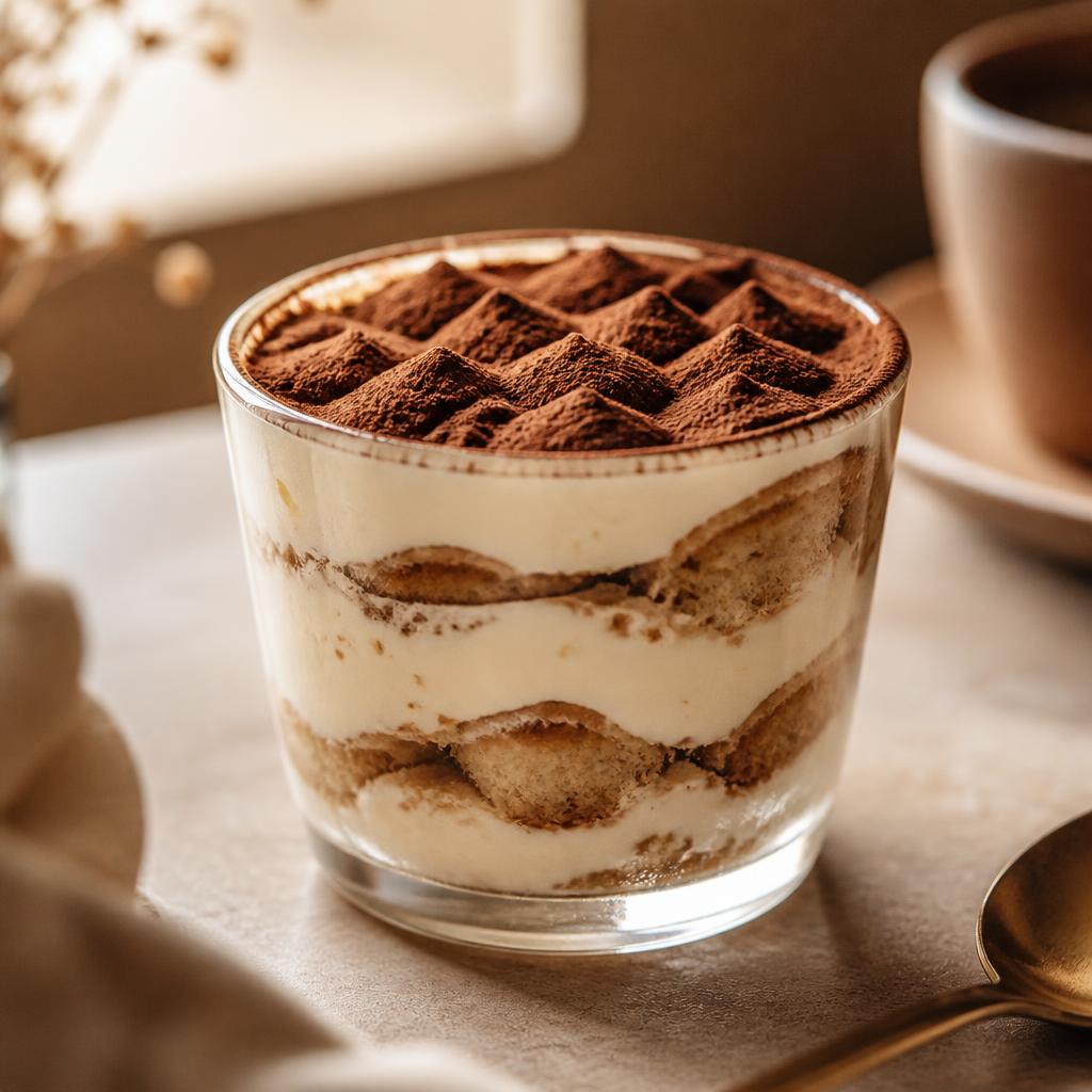 Porción de tiramisú en un vaso de cristal, con capas de crema y cacao