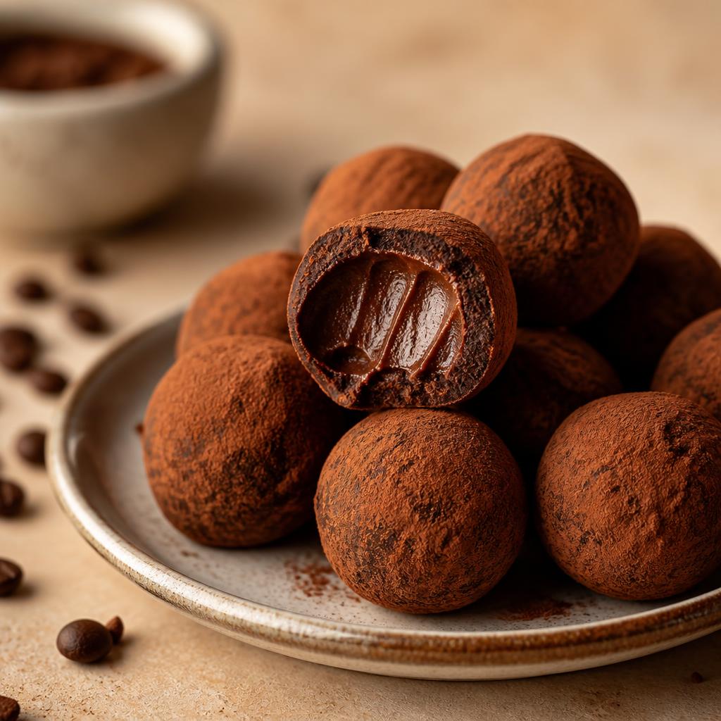 Trufas de café y chocolate espolvoreadas con cacao en un plato